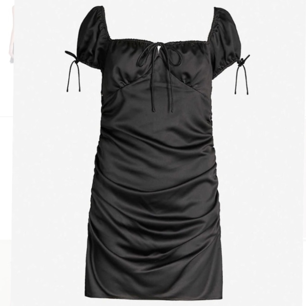 NWT! Topshop Black Ruched Satin Square Neck Mini Dress Prairie Milkmaid Sz 10